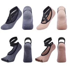 Women Bandage strap Yoga pilates socks open Five finger peep toe Gym workout Home indoor outdoor Training antiskid silicone sock with grip wholesale