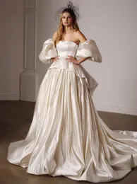 아이보리 웨딩 드레스 끈이없는 목 PEPLUM 분리 가능한 소매를 가진 신부 가운 플러스 크기 라인 스윕 트레인 새틴 멍청이 de nov222m