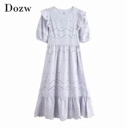 Solid Loose Embroidery Dress Women O Neck Ruffles Pleated Lantern Sleeve Hollow Out Casual Sundress Vestidos 210515