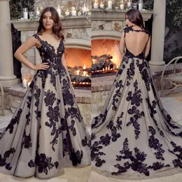 Amazing Black Backless Wedding Dresses Sheer Deep V Neck Bridal Gowns Beaded A Line Sweep Train Tulle Robe de Mariée