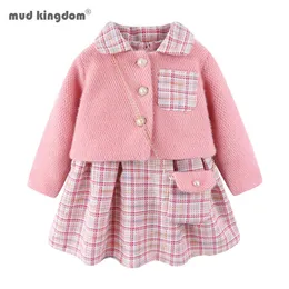 Mudkingdom Girls Dress Outfits Cute Pink Plaid Long Sleeve Sweater Outerwear Clothing Set with Fashion Bag 210615