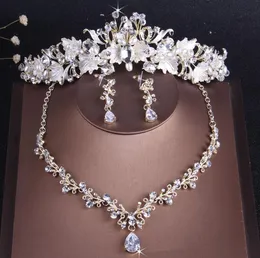 Örhängen Halsband Barock Vintage Guldkristallblad Pearl Floral Smycken Satser Bröllop Set Rhinestone Choker Tiara Crown