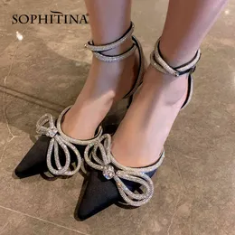 SOPHITINA Sandals Woman Silk Upper Shallow Pointed Toe Sweet Style Crystal Butterfly-knot Ankle Strap Lady Shoes PB20 210513