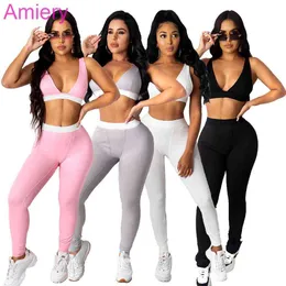 Mulheres Fitness Sports Sportsuits Color Sólido Elástico Sem Mangas Colete Lazer 2 Dois Peça Yoga Jogging Terno Plus Size Outono Vestuário S-XXL