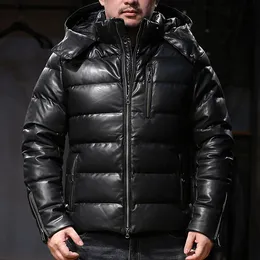 2022 black Removable hooded genuine leather down jacket men's Japanese retro sports casual top layer sheepskin ykk zipper