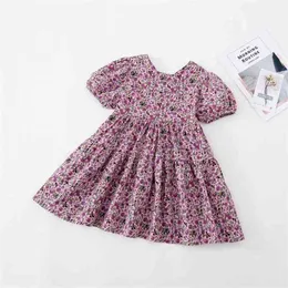 Girls Dress Summer Puff-Sleeve Floral Printed Backless Bow Princess Toddler Kids Clothes 210611