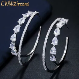 Glitter Luksusowy White Gold Color CZ Cyrkonia Crystal Big Double Circle Hoop Kolczyki dla kobiet Biżuteria Cz600 210714