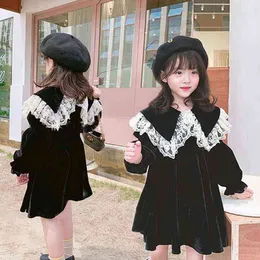 아기 소녀 패션 큰 레이스 칼라 벨벳 공주 드레스 봄 가을 여자 아이 생일 드레스 Vestidos 옷 1-10age G1129