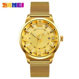 Skmei Business Mens Watches Top Brand Luxury Watch Men Gold Stainless Steel Strap Quartz Wristwatches Relogio Masculino 9166 Q0524