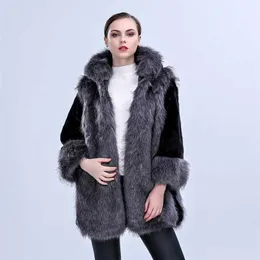 冬の模造の毛皮のフード付きコートウサギの女性の中長い暖かい大きいサイズのファックスジャケット211213