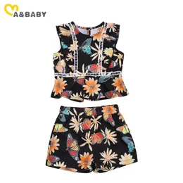 2-7Y Summer Flower Children Kid Girl Clothes Set Sleeveless Vest Tops Shorts Outfit Travel Holiday Beach Costumes 210515