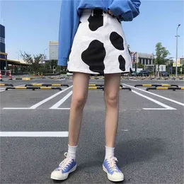 S-L Casual Black White Cow Skin Pattern High Waist Fashion Casual Loose Basic A-line Simple College Wind Mini Women Skirts 210522