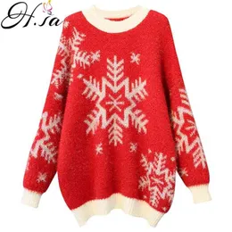 Jesień zima ciepły sweter i swetry Oneck Mohair Snowflake Soft Soft Softers Długie Włochy Red Boże Narodzenie Pull Swetry 210430