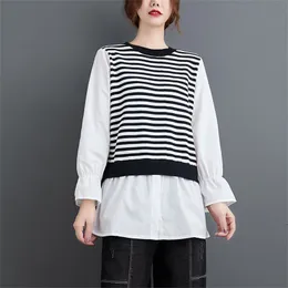 Vårhöst Korea Mode Kvinnor Långärmad Lös O-Neck SHIRTS Fake Two Piece Striped Stickad Casual Blouse Femme Toppar V300 210512