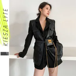 Black Wool Fur Leather Coat Autumn Winter Patchwork Suit Blazer Lady Fake Two Piece Jackets Outerwear 210608