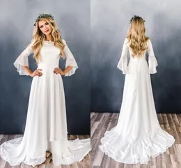 Chiffong Lace Boho Modest Bröllopsklänningar med ärmar Lace-up Back Country Western Informal Bridal Gowns Robe de Mariée Bohème