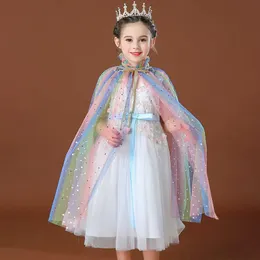 Benli White Girl Princess Party Costume Drawstring Sequin Tulle Cape Cloaks Halloween klä upp mantel för prestanda Q0716