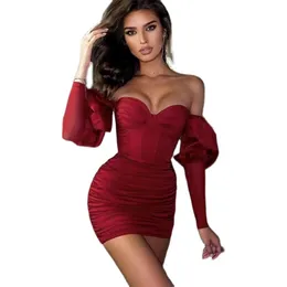 Sexig Bandage Dress Puff Sleeve Bodycon Women V Neck Mini Höst Club Celebrity Elegant Party ES 210515