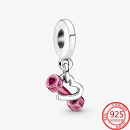 Övriga 100% 925 Sterling Silver Rosa Dumbbell Hjärta Dangle Charm Fit 3mm Armband S925 DIY Smycken Presentflicka