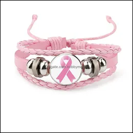 Charm Armband Smycken Bröstcancer Medvetenhet Armband för Kvinnor Ribbon Tro Hopp Love Flätat Läder Rope Wrap Bangle Fashion Drop Deli