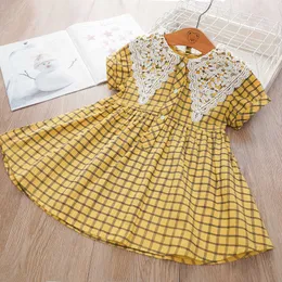 Bear Leader Kids Princess Dress for Girl Short Sleeve Plaid Girl Party Dress Casual Toddler Baby Kläder 2Y-8y Lace Girl Clothes 210708