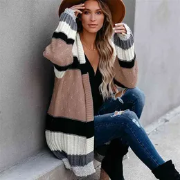 Striped print knitted long cardigans sweater women sleeve kahki vintage cardigan jumper casual office ladies outfit 210427