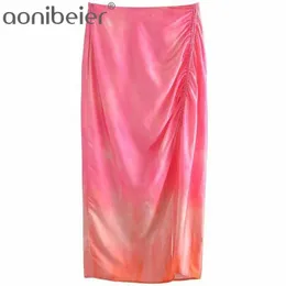 Tie Dye Skriv ut Penna Kjolar Sommar Mode Ruched Detalj High Split Kvinnor Midja Casual Midi Skirt Kvinna Bottoms 210604