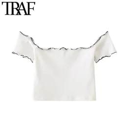 TRAF Women Sweet Fashion Ruffles Stretchy Slim Cropped Blouses Vintage Slash Neck Short Sleeve Female Shirts Chic Tops 210415