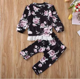 Newborn Baby Girl Clothing Sets Flower Print Lace Ruffle Tops Long Pants 2Pcs Outfits Cotton Clothes