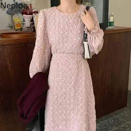 Neploe Chic Zarif Maxi Elbiseler Kadın O-Boyun 3D Tığ Çiçek Ince Bel Vestidos Flare Kol Dantel Up Şifon Robe Elbise 210422