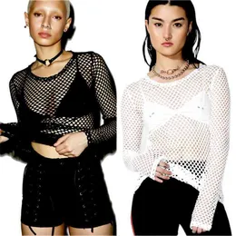 Women T-Shirt Brand Mesh Fishnet Long Sleeve Sheer Tops Sexy Perspective Solid Black White Beachwear Hollow Out Clubwear 210522