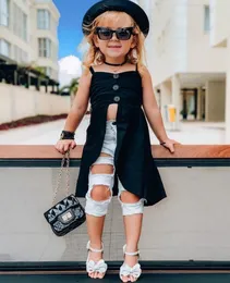 2021 Baby Girls Clothes Set Summer Kids Solid Sleeveless Vest Dress +Ripped Denim Pant Jeans Fashion Children Outfits