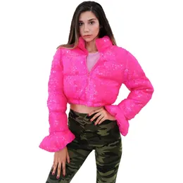 Cropped Puffer Kurtka Różowa Cekin Bell Sleeve Parka Bubble Coat Winter Fall Women XL XXL 210819