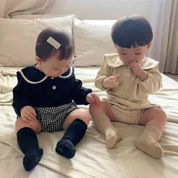 Spring Models Bawełniany Baby Granatowy Kołnierz Koszula + Szorty kraty Kostium Dla Dzieci Toddler Girl Odzież 210702