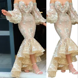 Sexy Arabic Champagne Lace Crystal Beaded Prom Dresses Embroidery Sweetheart Mermaid Evening Dress Vintage Formal Party Gowns High Low Ruffles Off Shoulder