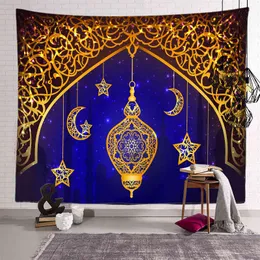 Ramadan Kareem Tapestry Moon Star Eid Mubarak Religion Festival Wall Hanging Tapestries for Living Room Bedroom Decor 210408