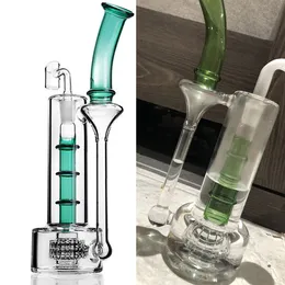 10 inch Dark-green Smoking Hookah Glass Water Bong Bamboo Shape Refined Bell Recycler dab rig with green perc 14.4mm joint