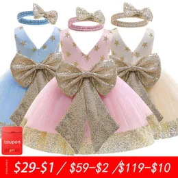 Abito da principessa con fiocco in pizzo Abito da principessa per ragazze 1 2 3 4 5 ° festa di compleanno abbigliamento per bambini ricamo abito da sposa per bambini senza schienale G1129