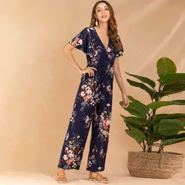 Women V Neck Short Sleeve Ruffle High Waist Floral Print Long Wide Leg Rompers Casual Elegant Streetwear Loose Long Jumpsuits 210608