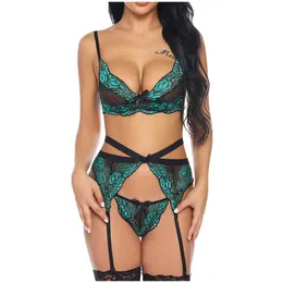 Broderi bras set kvinnor blomma spets perspektiv push up bh garter thong underkläder set kvinnor underkläder completino intimo sexig y0911