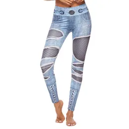 Mode Hole Jean Workout Sport Leggings Kvinnor Mesh Gym Yoga Byxor Kvinna Hög Midja Fitness Deportiva Pantalones Mujer 210514