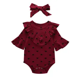 Ubrania Zestawy Toddler Baby Girls 2021 Walentynki Heart Bowtie Partten Romper + Tie Strój Princess 2 sztuk Dress Dzieci Kids Suit