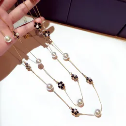 Long Luxury Chain Chain Pearl Colar para mulheres Camellia Double Cayer Collane Lunghe Donna Flowers Maxi Party Gift Chains286L