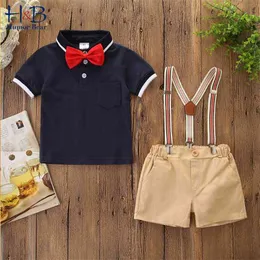 Pojkar barnkläder kostym sommar barn gentleman kortärmad tröja + strap shorts + båge baby kläder set 210611