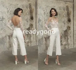 Romantik Gelin Tulum Plaj Gelinlik Çay Boyu Dantel Uzun Kollu Backless Boho Kıyafet Resepsiyon Abiye Pantolon Suit