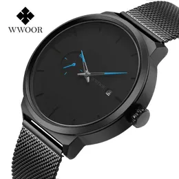 Wwoor Minimalist Black Mens Watch Casual Sport Kwarcowy Zegarek Mężczyźni Ze Stali Nierdzewnej Siatka Wodoodporna Stopwatch XFCS Reloj Hombre 210527