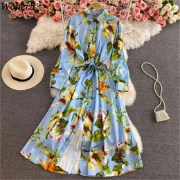 Fashion Floral Dresses Women Temperament Turn-down Collar Dress Spring Robe Lace Up Slim Big Swing Elgant Vestidos Mujer 210422