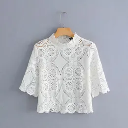 BBWM WOMAN Summer Korean version solid color loose slim short-sleeved sexy women hollow out lace T-shirts 210520