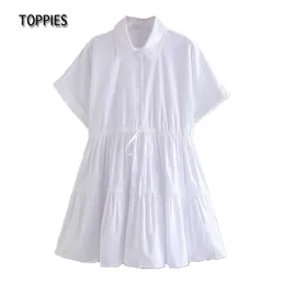 Toppies Beyaz Kısa Kollu T-shirt Elbise Kadın Yaz Elbise Mini Uzunluk Kadın Yarasa Kollu Tatil Giysileri 210412