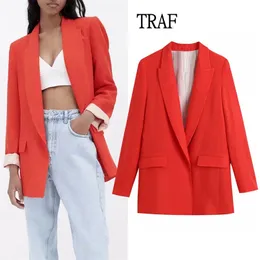 TRAF Za Women Blazers Summer Red Linen Printed Cuff's Office Suit Coat Vintage Long Sleeve Jacket Casual Female Tops 211006